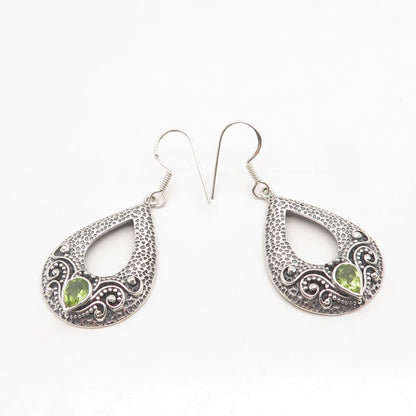 925 Sterling Silver Vintage Real Peridot Gemstone Dangling Hook Earrings