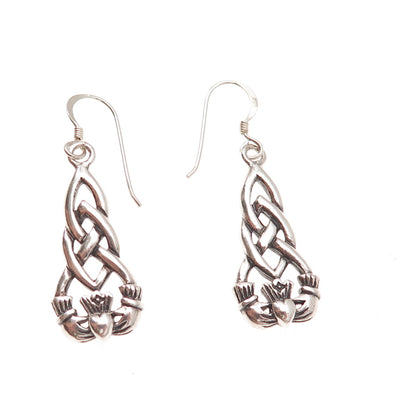 925 Sterling Silver Vintage Irish Claddagh Oxidized Dangle Earrings