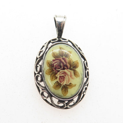 JEZLAINE 925 Sterling Silver Vintage Floral Ceramic Oxidized Swirl Pendant