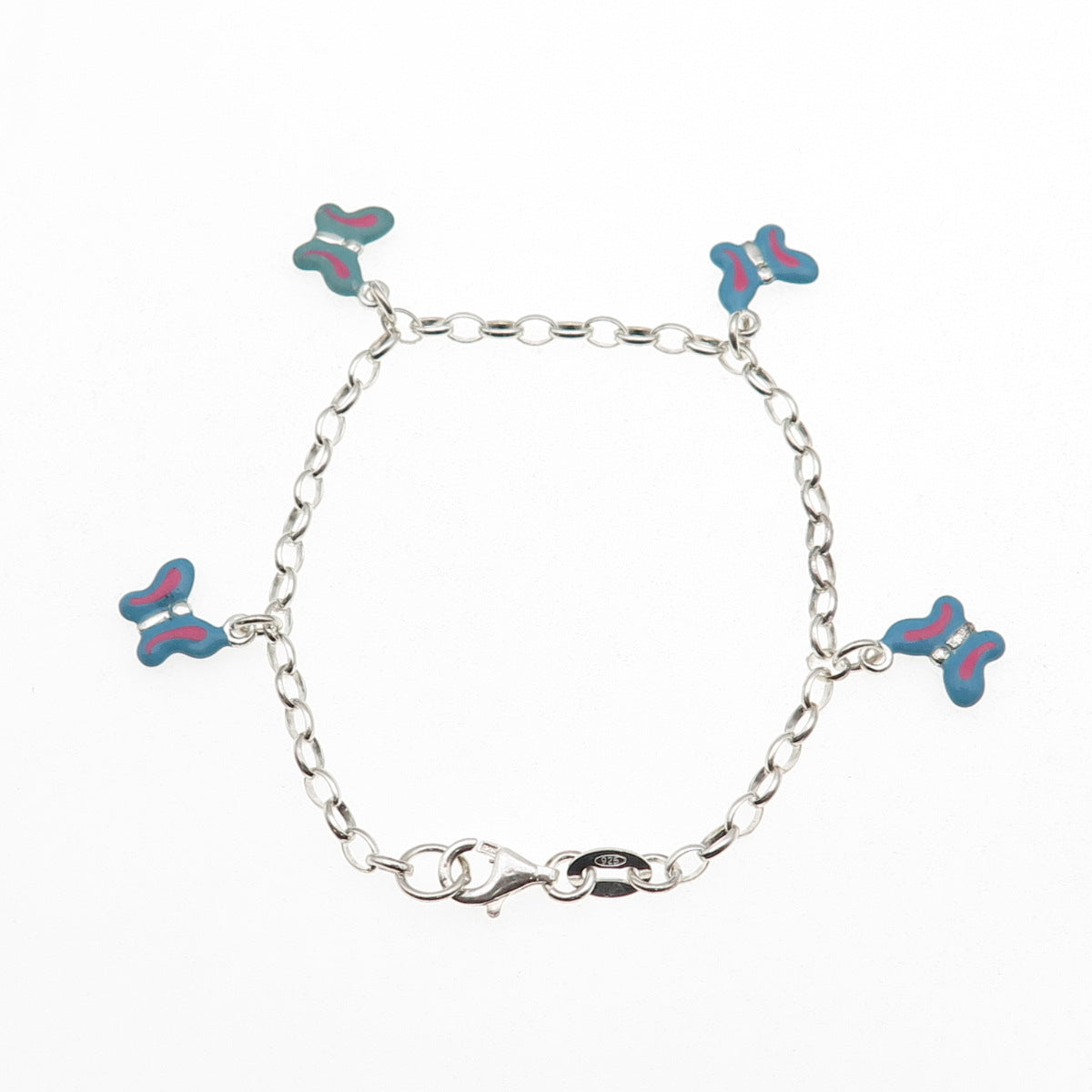 925 Sterling Silver Enamel Butterfly Dangle Charm Oval Link Bracelet 6"