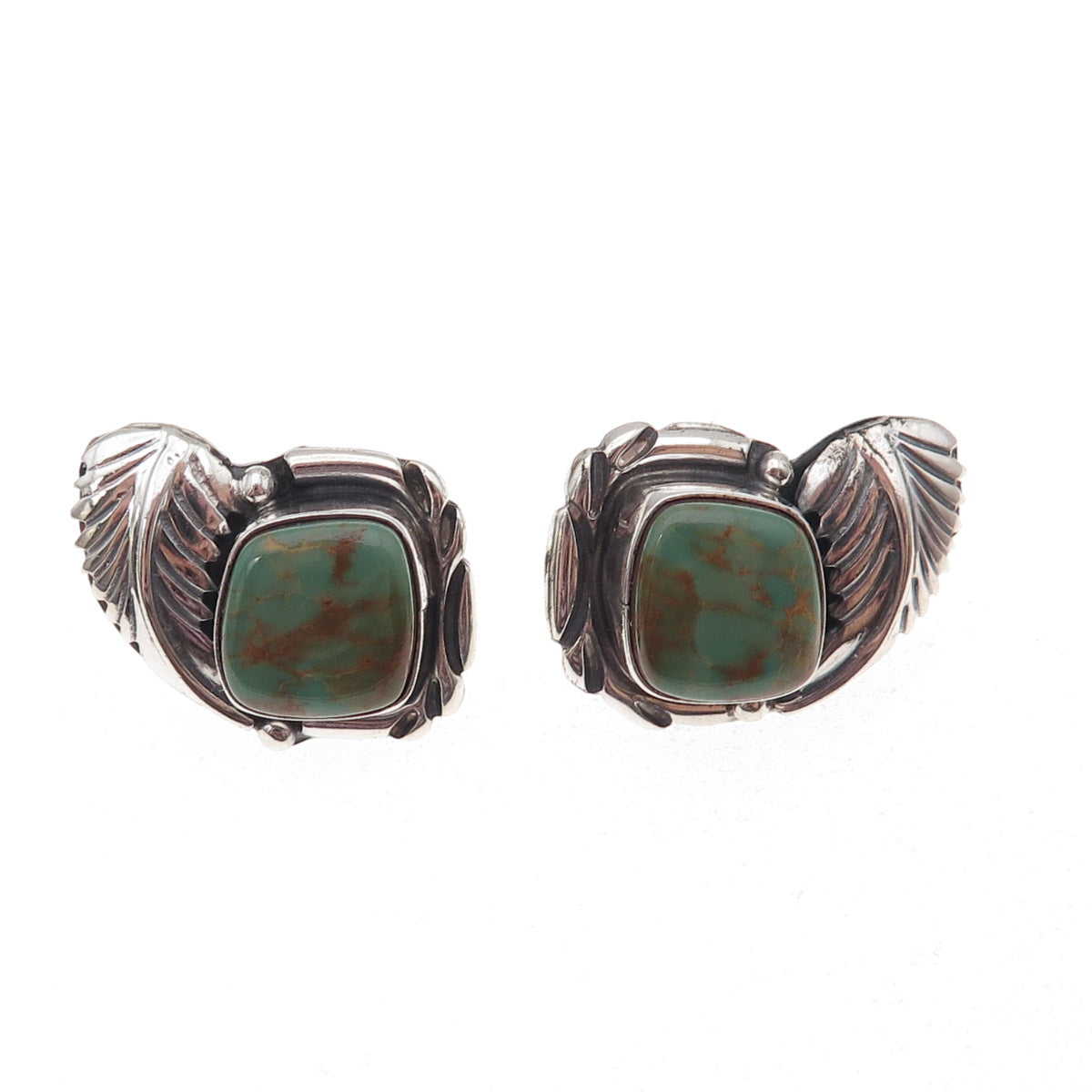 Old Pawn 925 Sterling Silver Vintage Royston Turquoise Feather Tribal Earrings