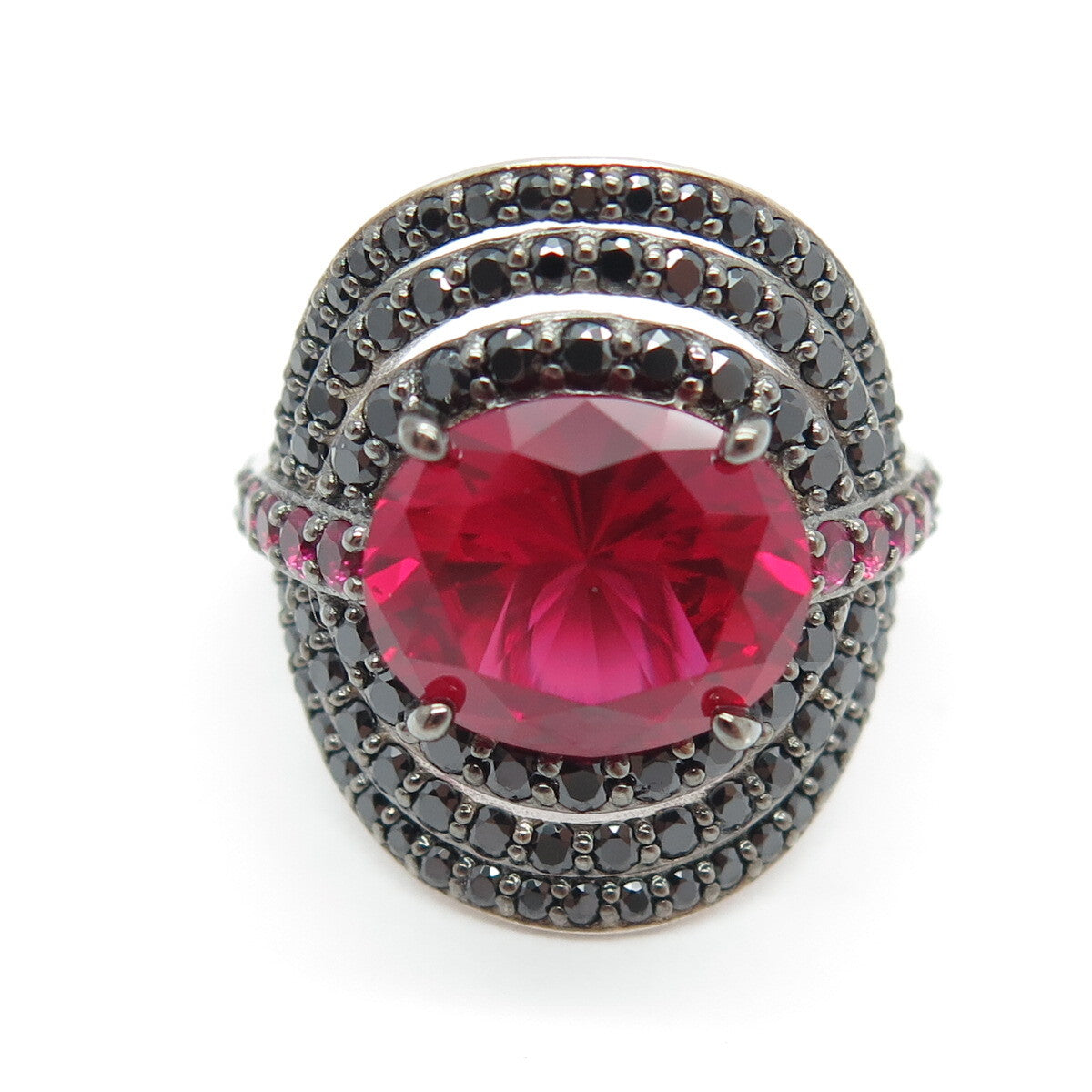 925 Sterling Silver Lab-Created Ruby & Black C Z Multi-Circle Ring Size 6.25