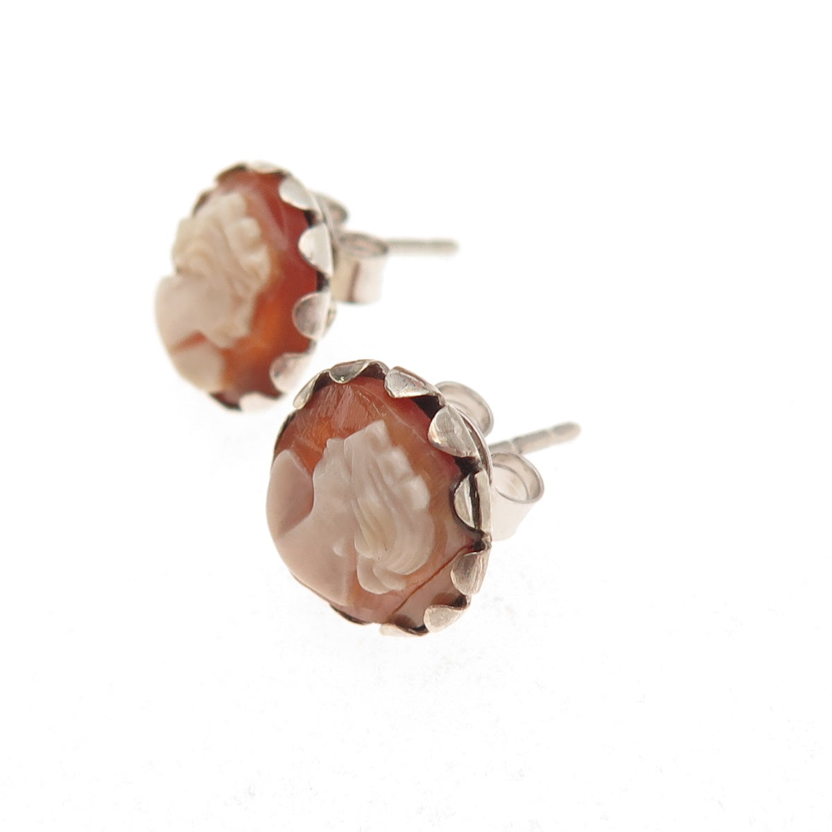 925 Sterling Silver Antique Art Deco Real MOP Carved Lady Cameo Stud Earrings