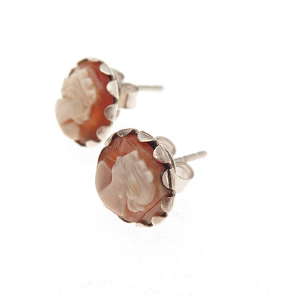 925 Sterling Silver Antique Art Deco Real MOP Carved Lady Cameo Stud Earrings