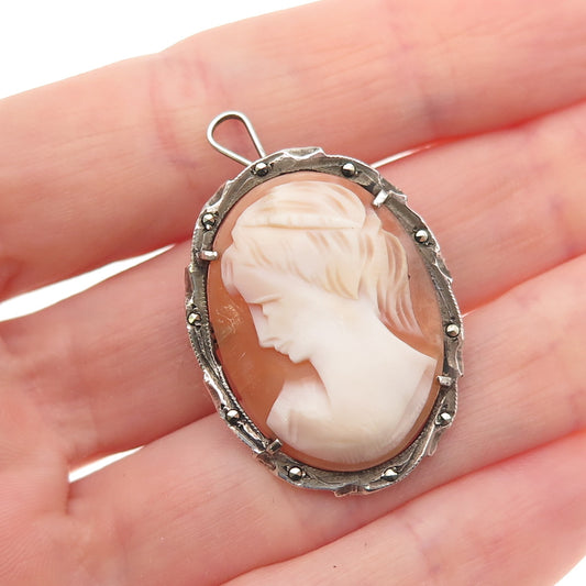 800 Silver Antique Art Deco Real MOP & Marcasite Lady Cameo Pin Brooch / Pendant