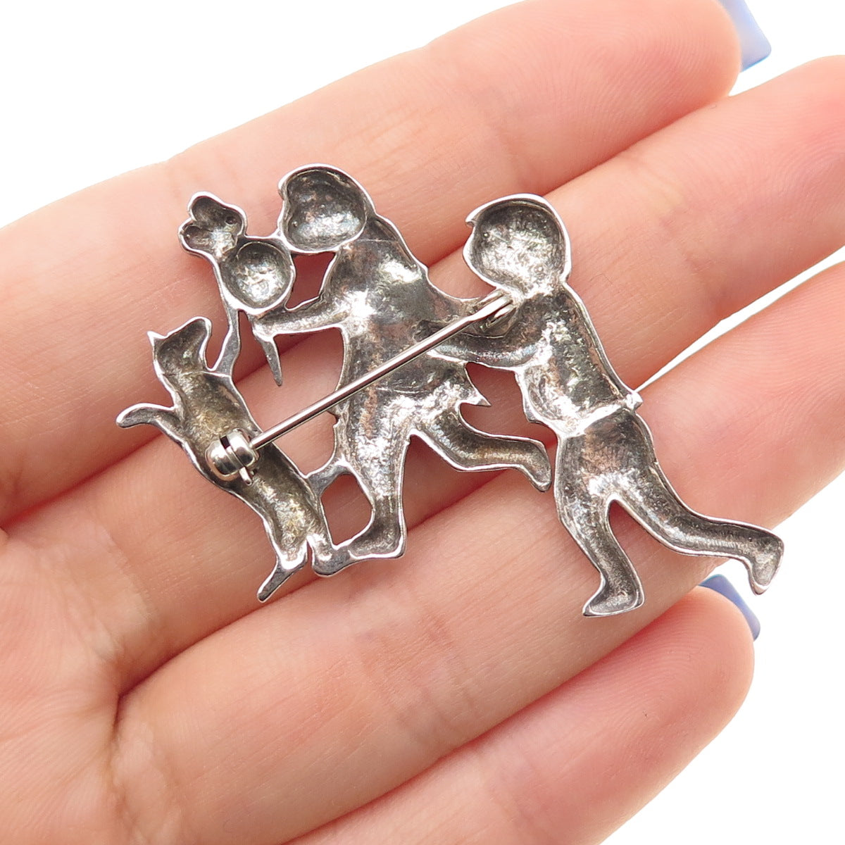 925 Sterling Silver Vintage Children & Dog Oxidized Pin Brooch