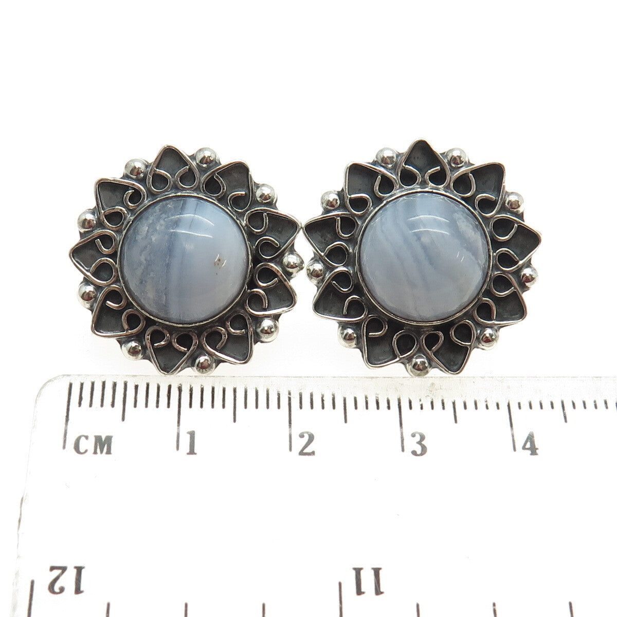 925 Sterling Silver Vintage CII Mexico Blue Lace Agate Floral Oxidized Earrings
