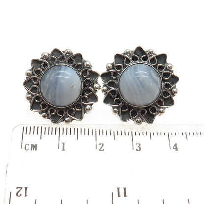 925 Sterling Silver Vintage CII Mexico Blue Lace Agate Floral Oxidized Earrings