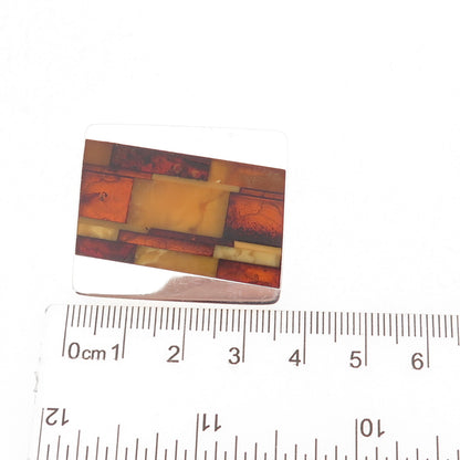 925 Sterling Silver Vintage Real Amber Modernist Pin Brooch
