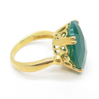 925 Sterling Silver Gold Plated Real Green Onyx Gemstone & C Z Ring Size 8