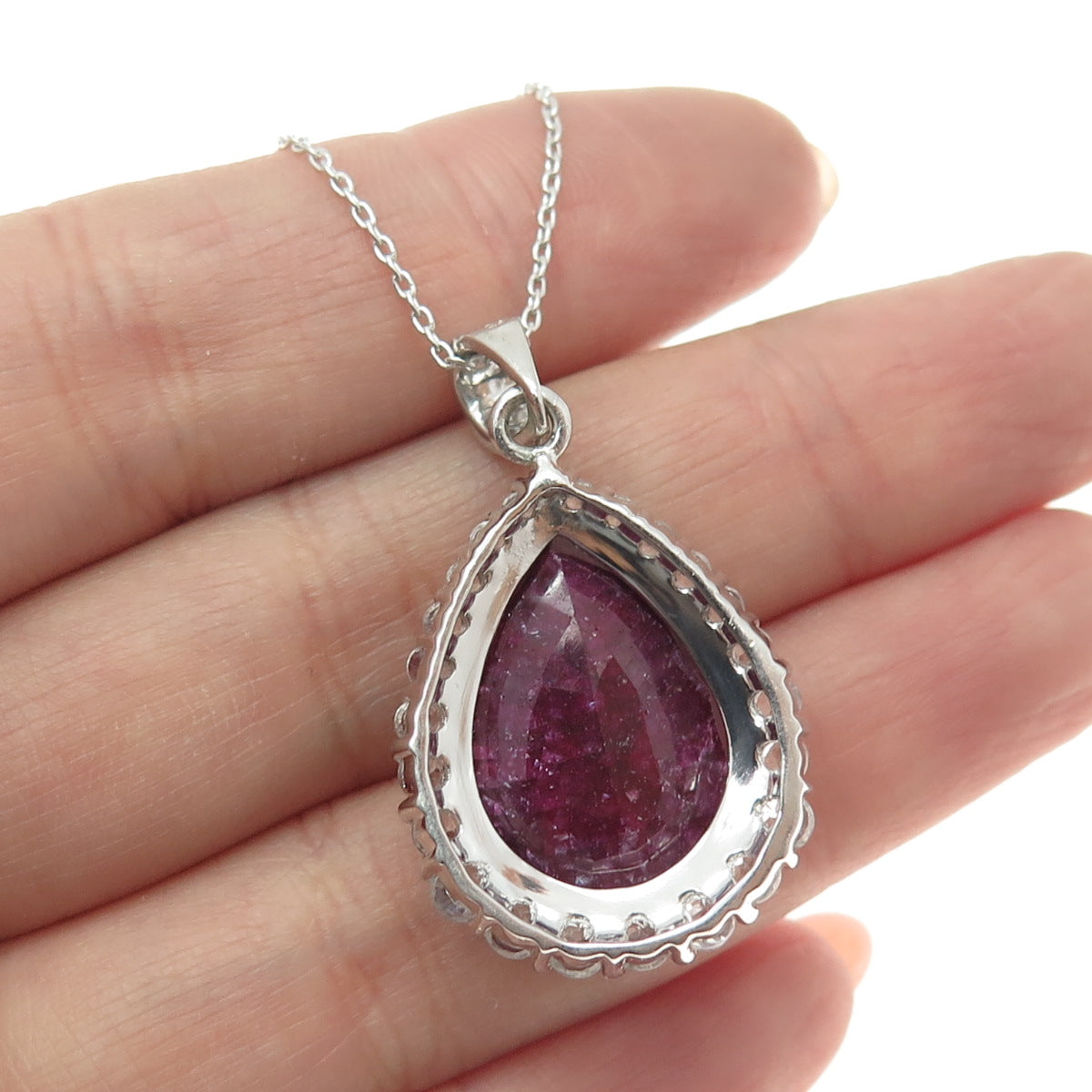 925 Sterling Silver Pear-Cut Ruby & White Topaz Gem Cable Chain Necklace 18"