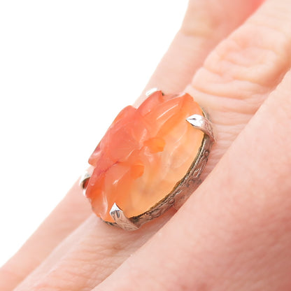 925 Sterling Silver Antique China Real Carved Orange Jade Floral Ring Size 2.75