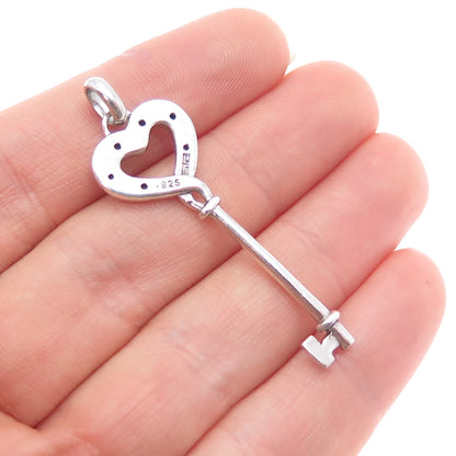 925 Sterling Silver Real Round-Cut Diamond Heart Key Charm Pendant