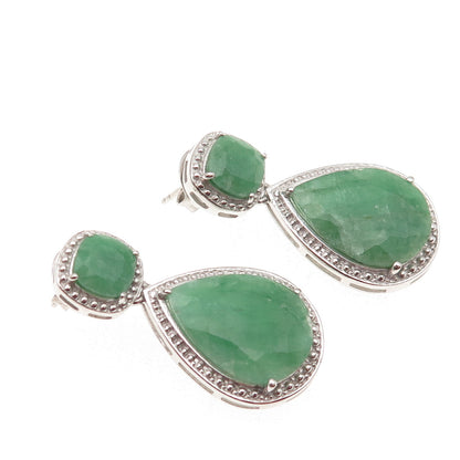 925 Sterling Silver Real Cushion & Pear-Cut Emerald Dangle Earrings