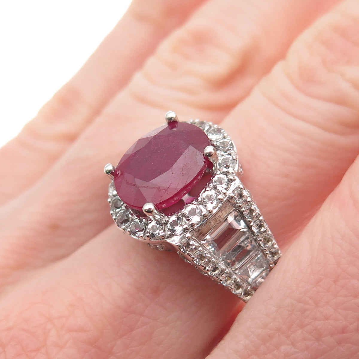 Chuck Clemency 925 Sterling Silver Real Ruby & White Topaz Ring Size 8