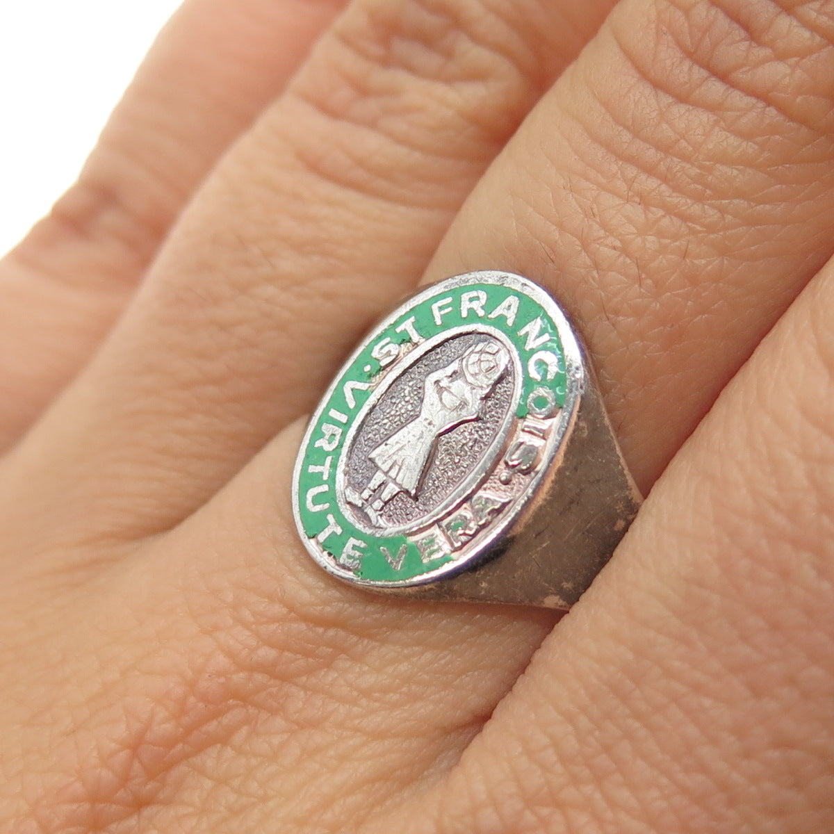 925 Sterling Silver Vintage YDL Enamel St. Francis College Ring Size 9.25