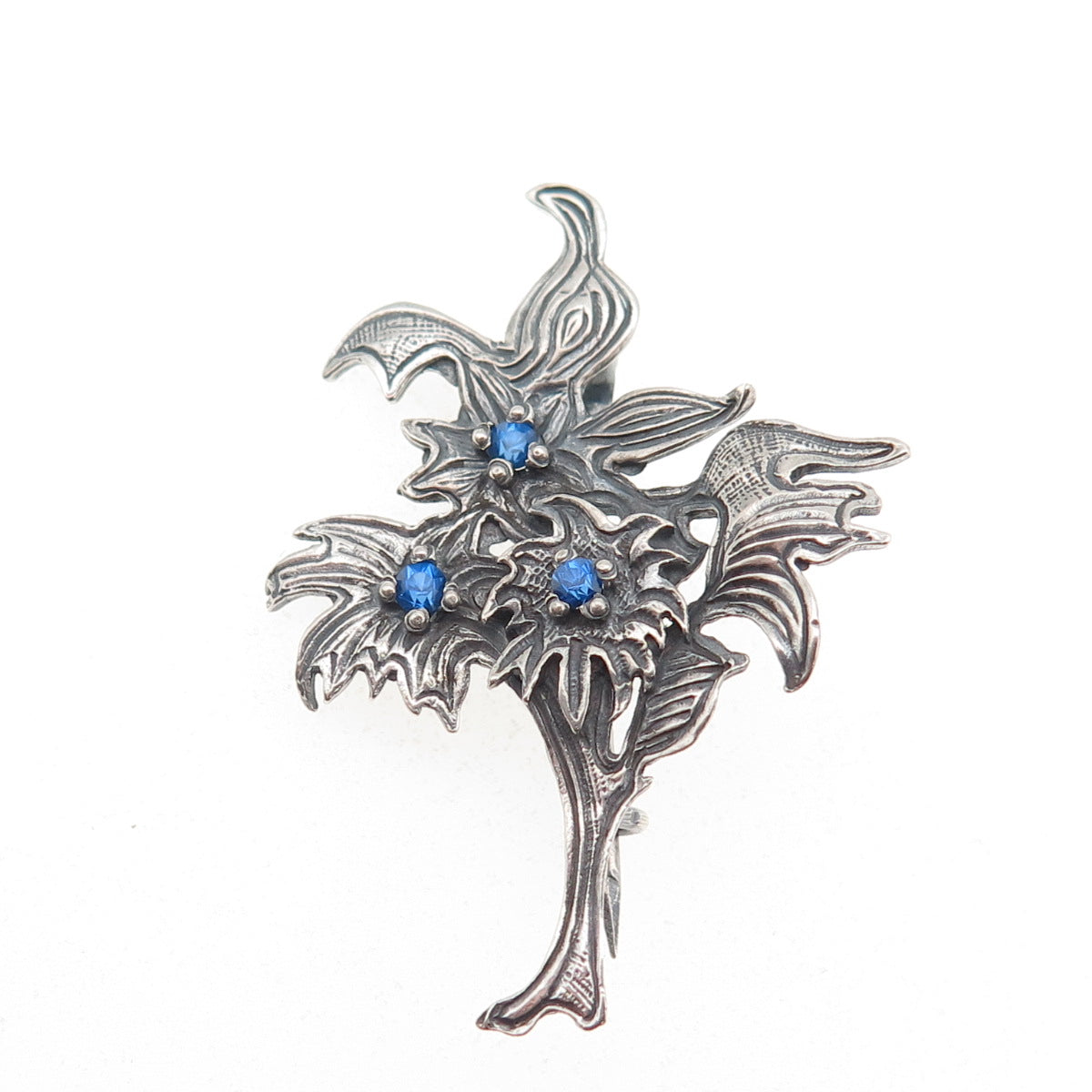 925 Sterling Silver Vintage Poland Blue Rhinestone Flower Oxidized Pin Brooch