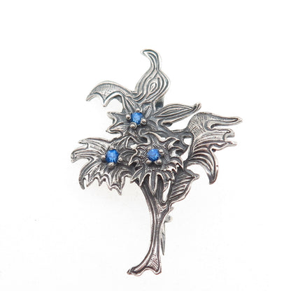 925 Sterling Silver Vintage Poland Blue Rhinestone Flower Oxidized Pin Brooch
