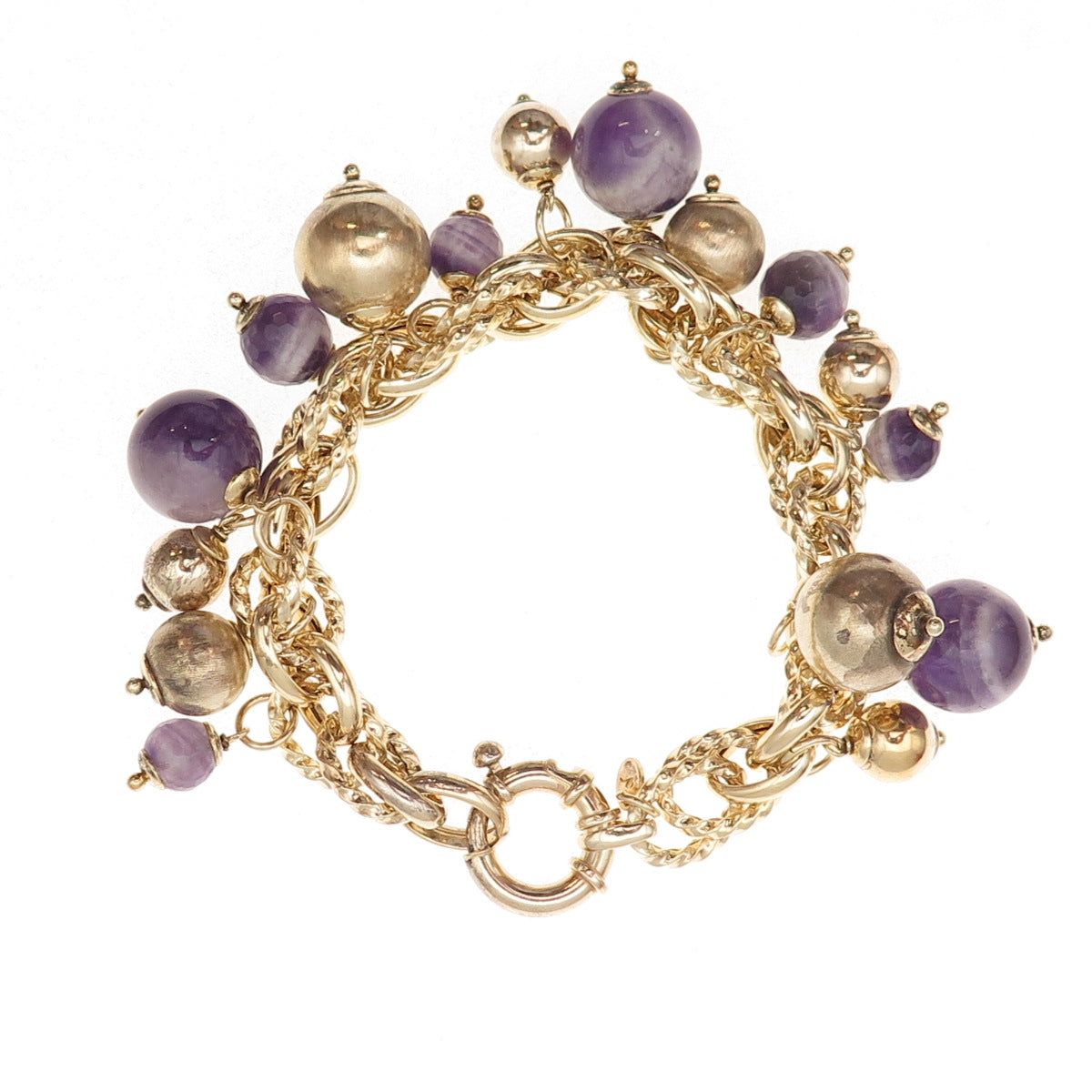 925 Sterling Silver Gold Plated Italy Real Amethyst Cha-Cha Bracelet 7"