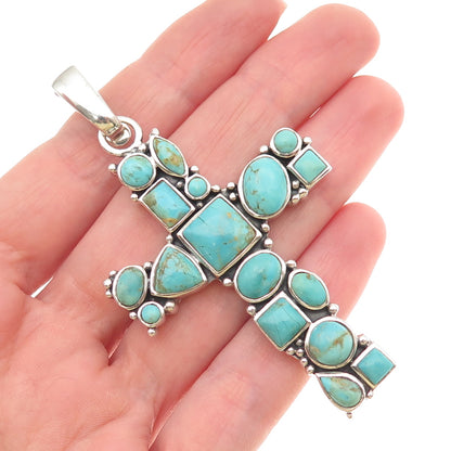 BARSE Sterling Silver Vintage Real Turquoise Large 27.2g Cross Cluster Pendant