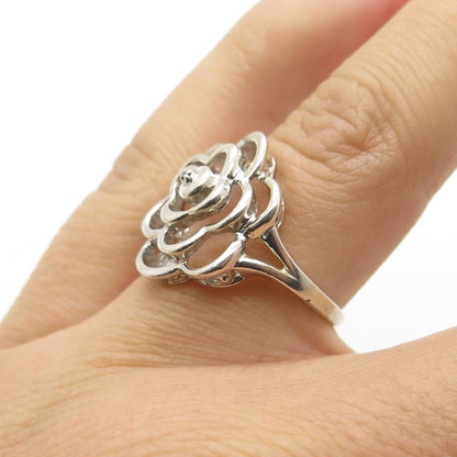 925 Sterling Silver Vintage Real Diamond Accent Modernist Flower Ring Size 5.5