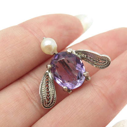 925 Sterling Silver Antique Art Deco Real Amethyst & Pearl Fly Filigree Booch