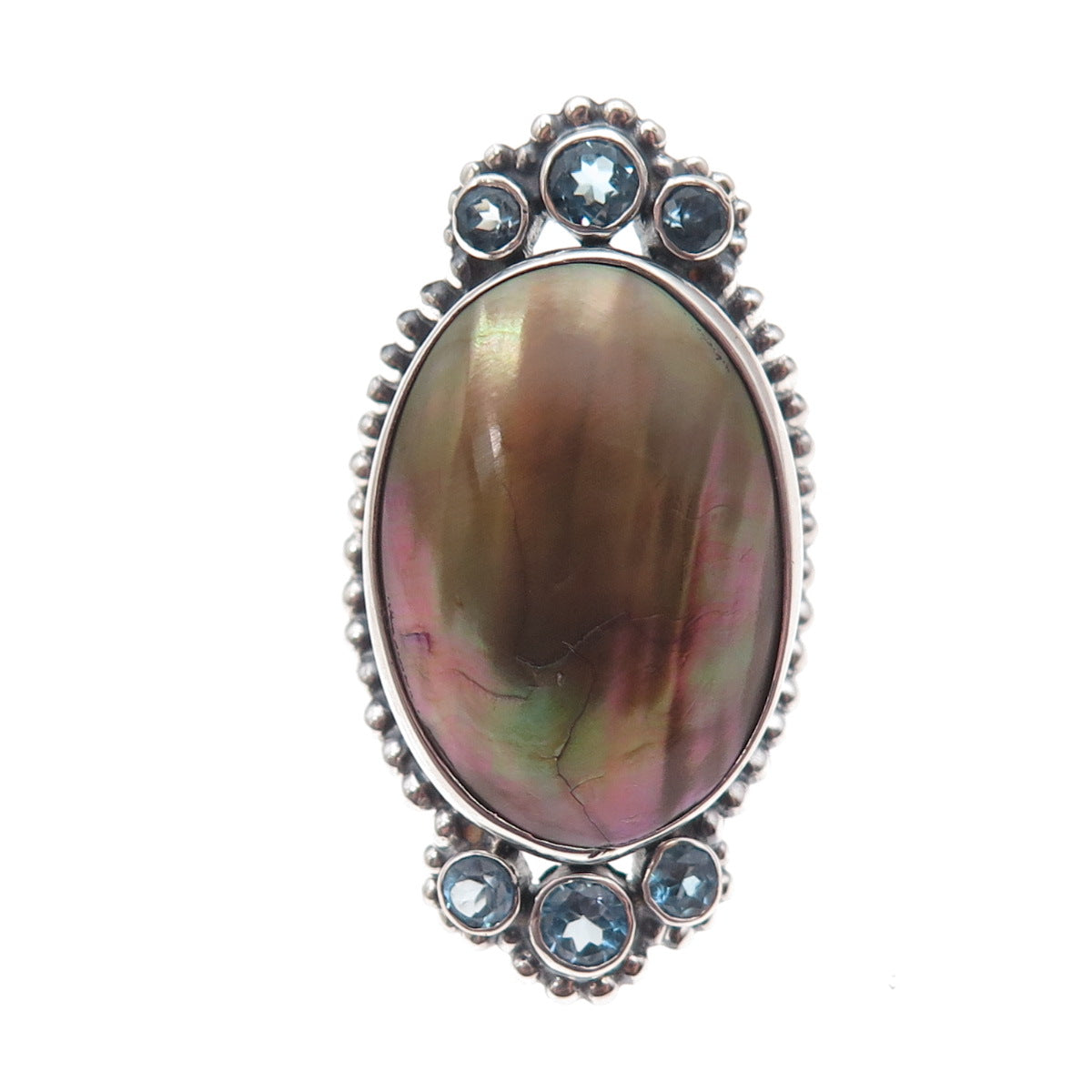 925 Sterling Silver Vintage Real Abalone Shell & Blue Topaz Oxidized Ring Size 7