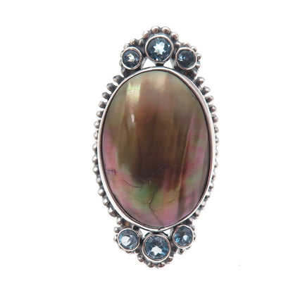 925 Sterling Silver Vintage Real Abalone Shell & Blue Topaz Oxidized Ring Size 7