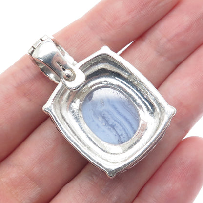 JUDITH RIPKA 925 Sterling Silver Vintage Real Blue Lace Agate & Sapphire Pendant