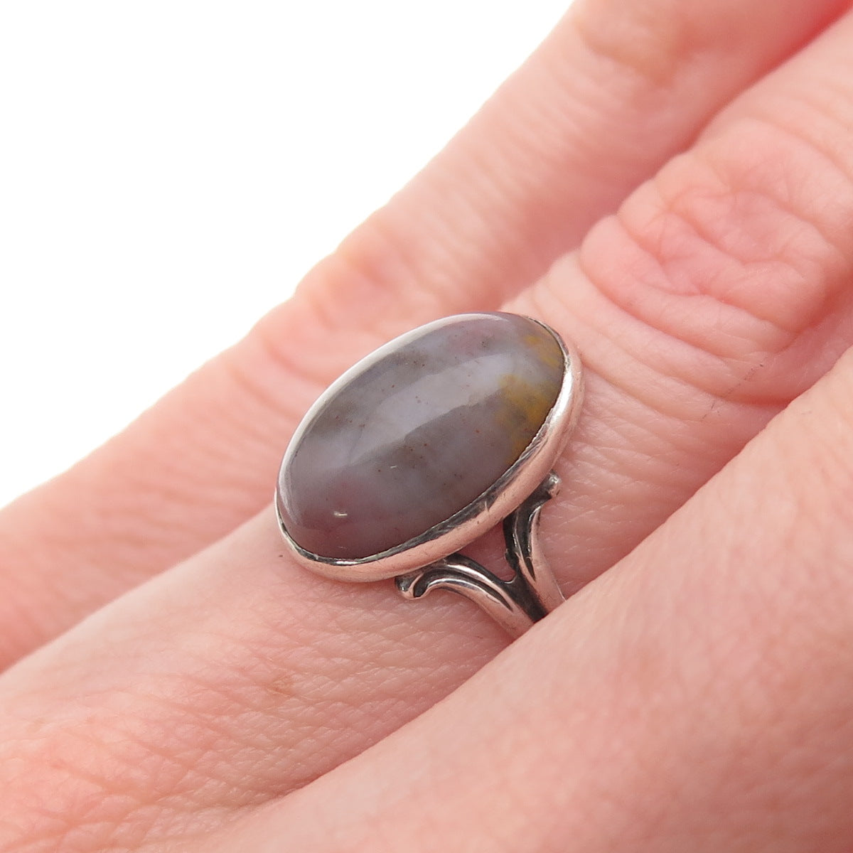 925 Sterling Silver Antique Art Deco Real Agate Oxidized Ring Size 4.75