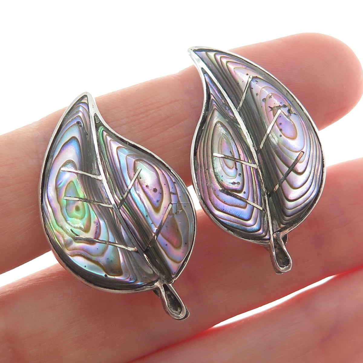 925 Sterling Silver Vintage Mexico Abalone Shell Floral Leaf Screw Back Earrings
