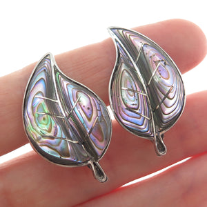925 Sterling Silver Vintage Mexico Abalone Shell Floral Leaf Screw Back Earrings