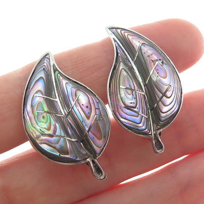 925 Sterling Silver Vintage Mexico Abalone Shell Floral Leaf Screw Back Earrings