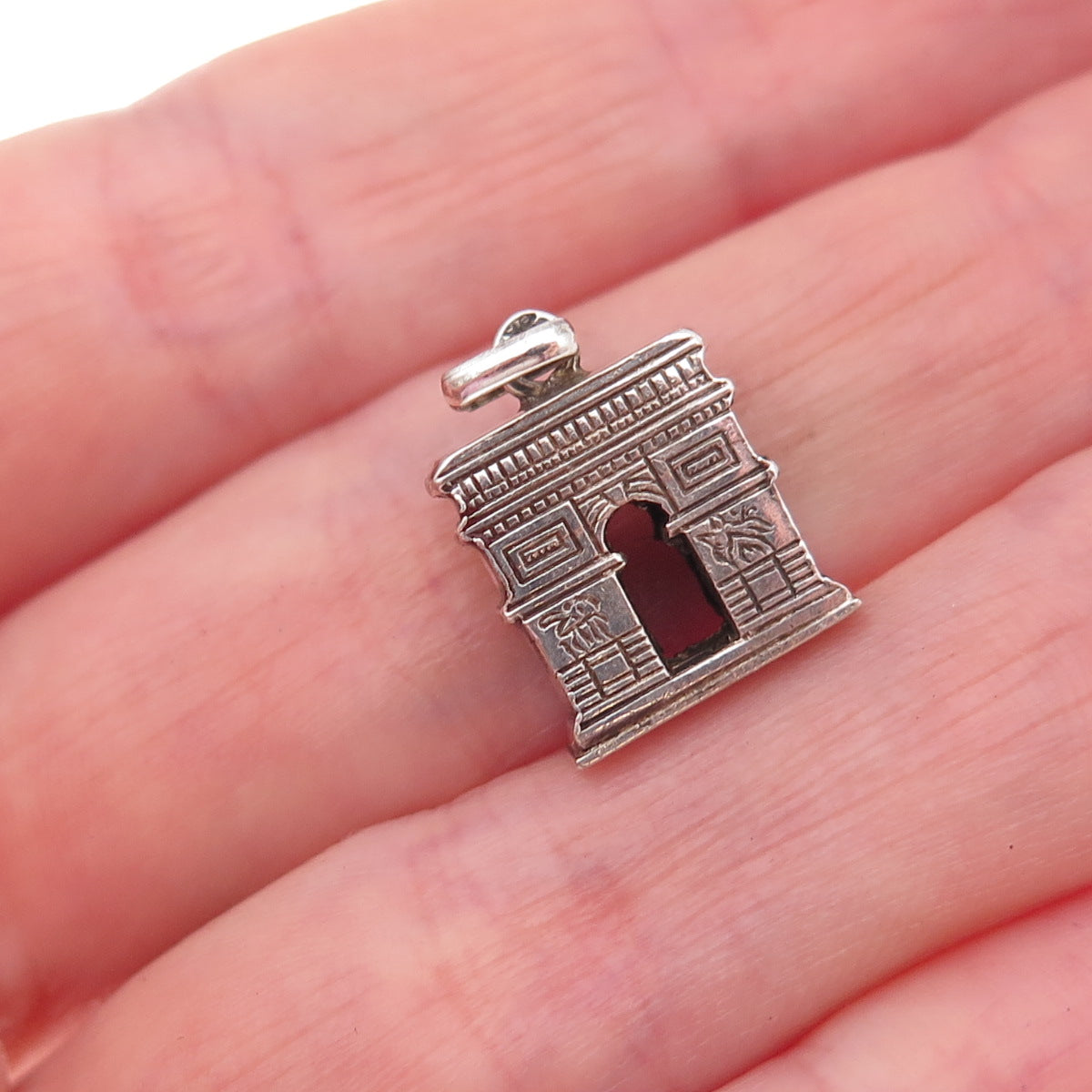 800 Silver Antique Art Deco France Arc de Triomphe Oxidized 3D Charm Pendant