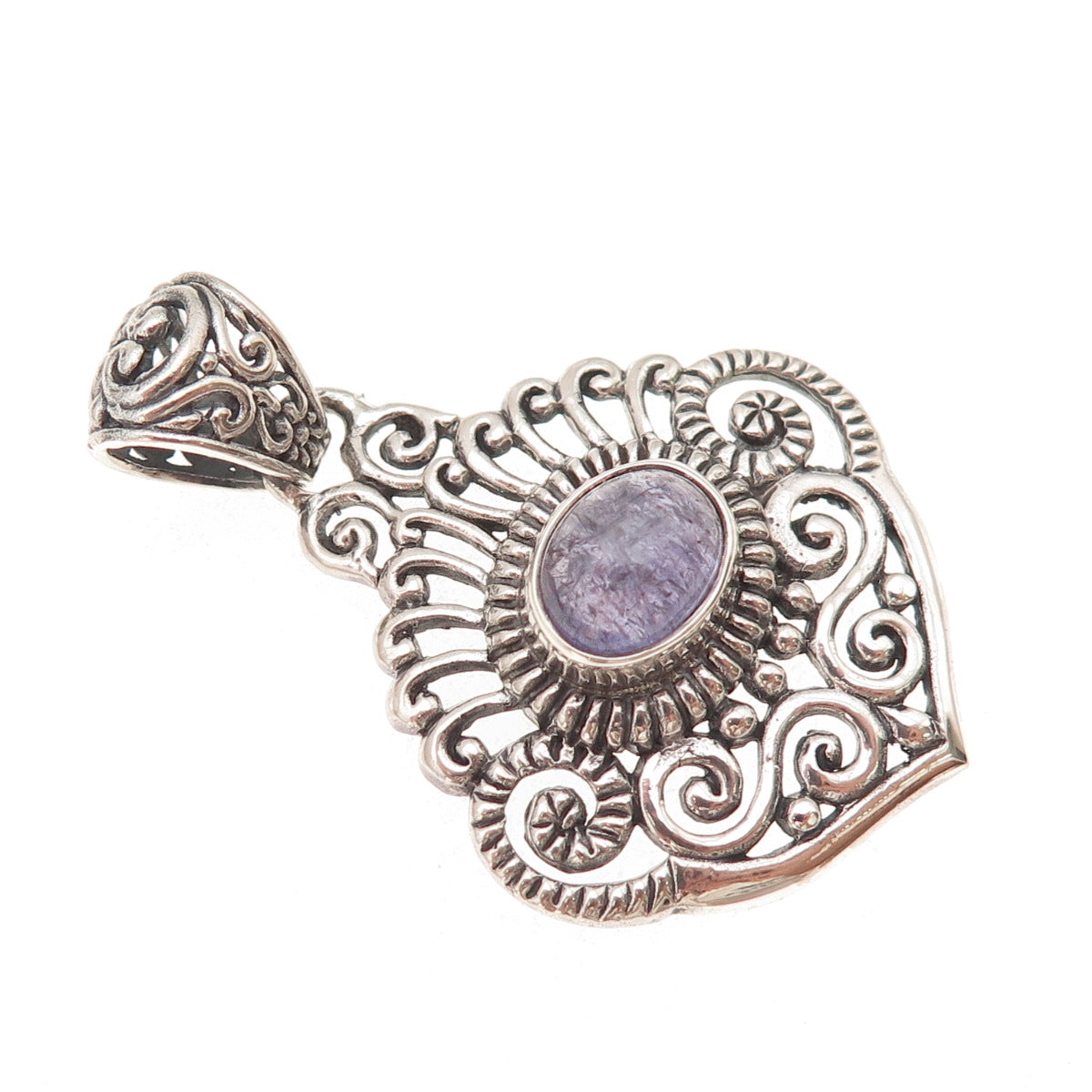 925 Sterling Silver Vintage Real Tanzanite Floral Scroll Oxidized Charm Pendant