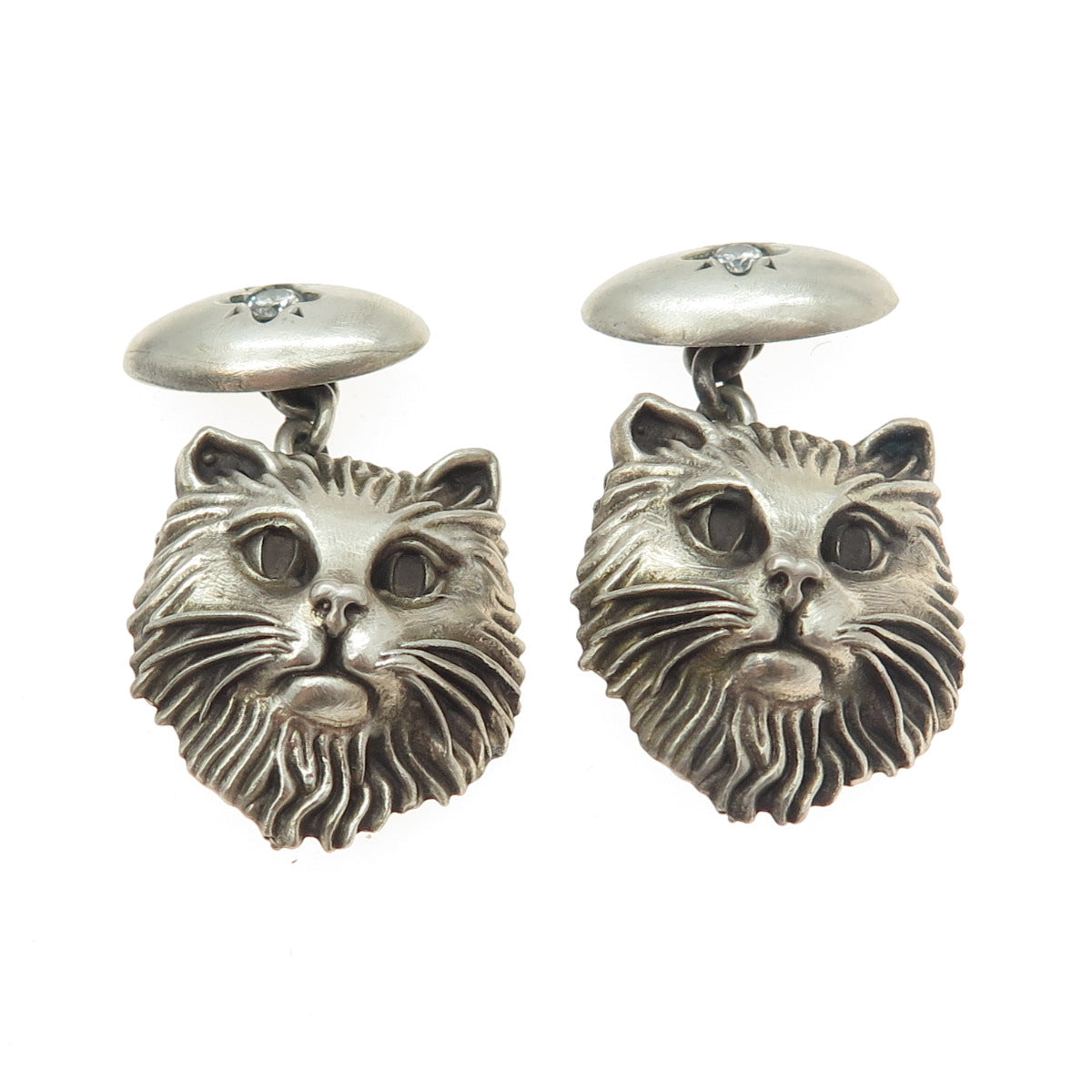 925 Sterling Silver Vintage Real Round-Cut Diamond Persian Cat Cufflinks