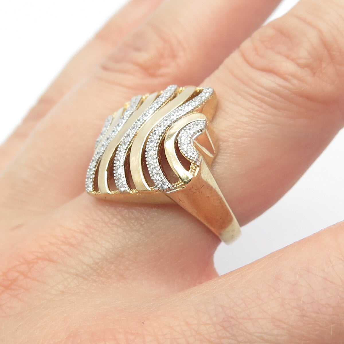 925 Sterling Silver Gold Plated Pave C Z Ring Size 7.25