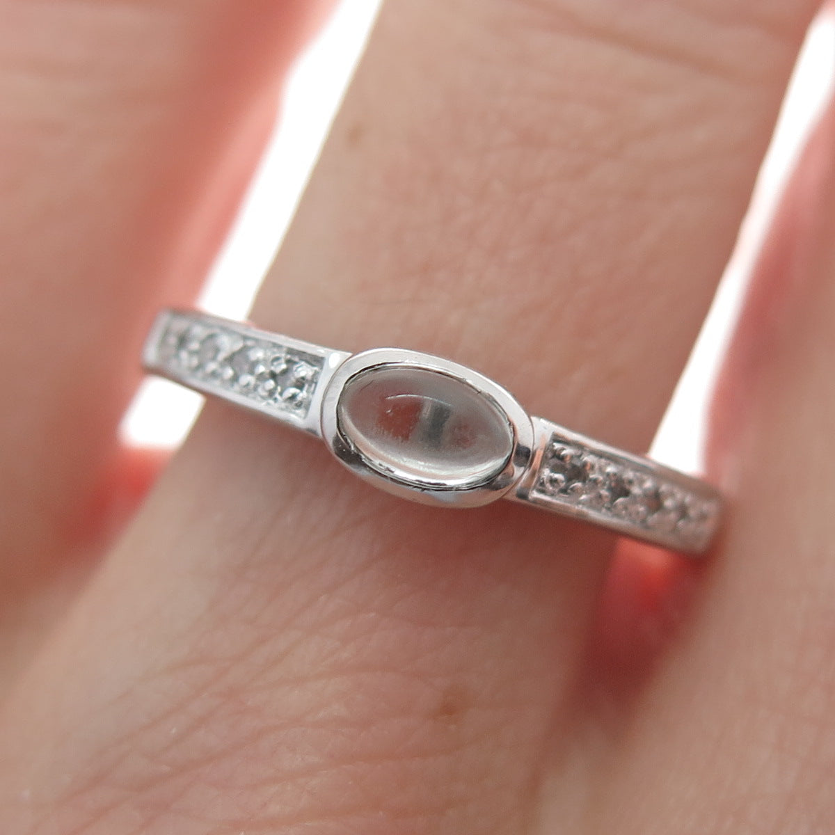 925 Sterling Silver Real Diamond & White Topaz Stackable Ring Size 7.25