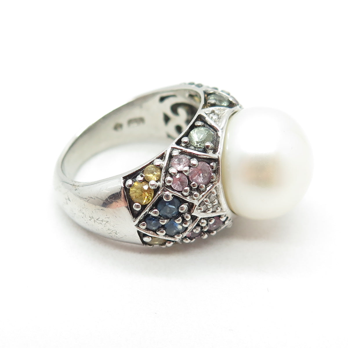 925 Sterling Silver Real Diamond Multi-Color Sapphire & Pearl Ring Size 6