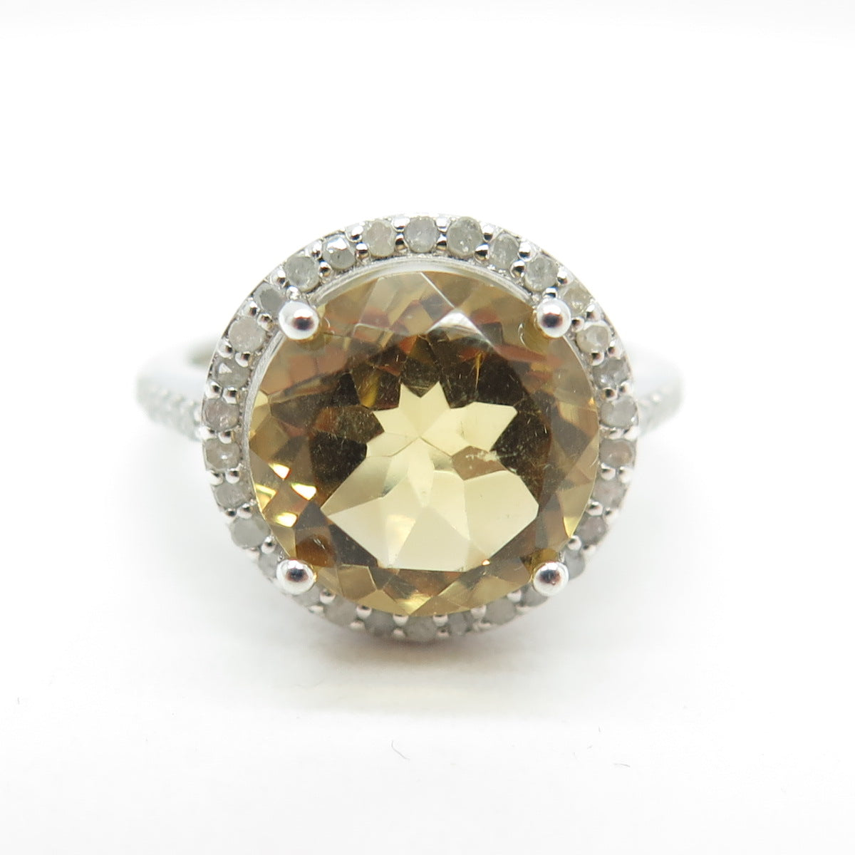 925 Sterling Silver Real Round-Cut Diamond & Citrine Engagement Ring Size 5