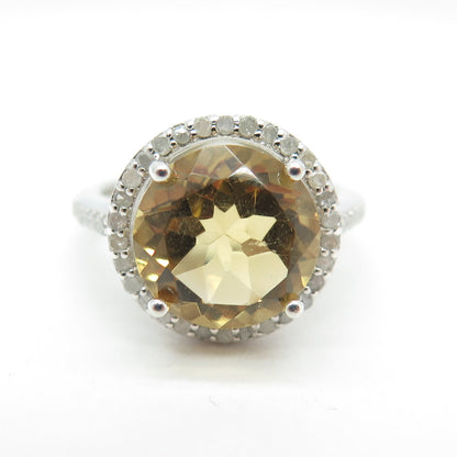 925 Sterling Silver Real Round-Cut Diamond & Citrine Engagement Ring Size 5