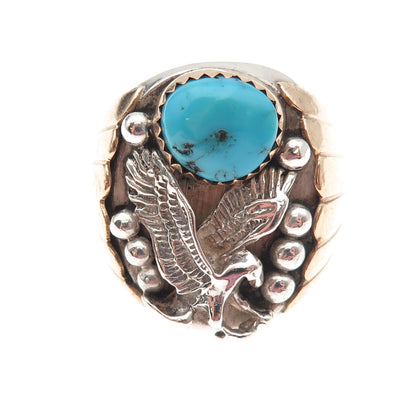 Old Pawn Sterling Silver 2-Tone Vintage Turquoise Eagle Tribal Ring Size 9.25
