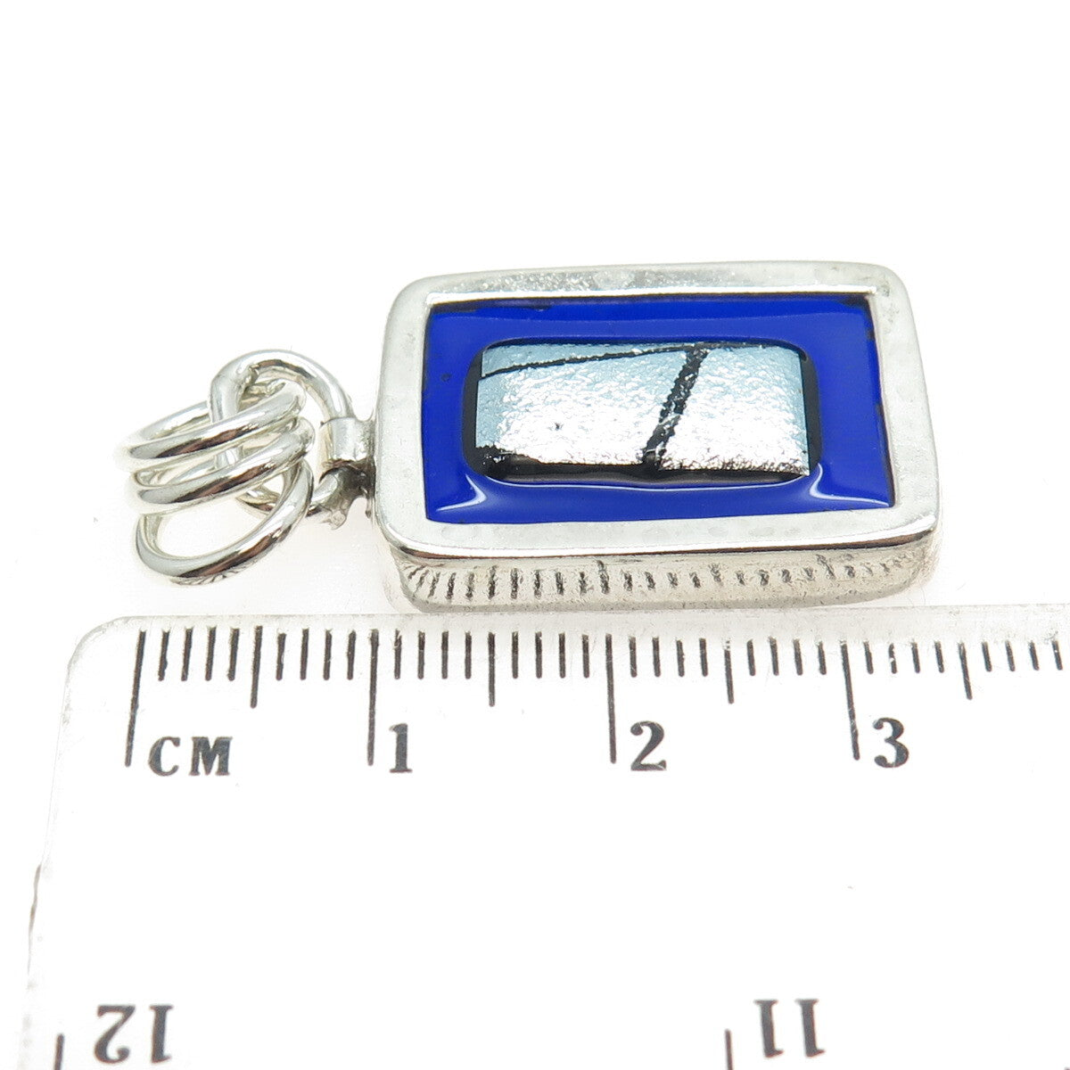 925 Sterling Silver Vintage Blue Glass Modernist Charm Pendant