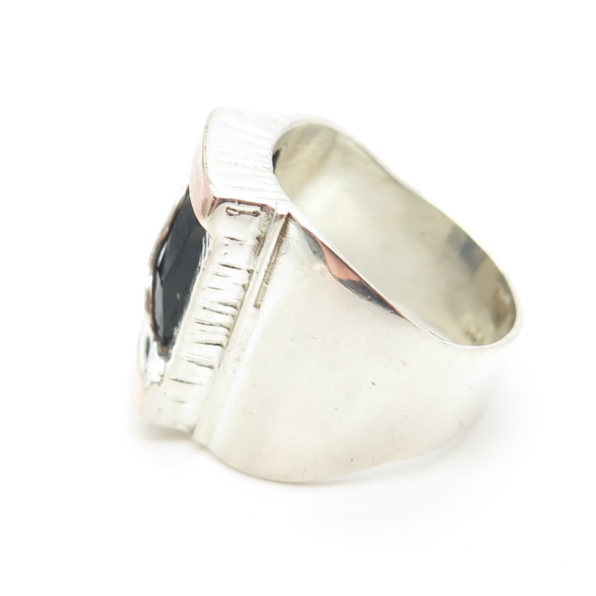 925 Sterling Silver Vintage 2-Tone Real Black Onyx Modernist Ring Size 6.75