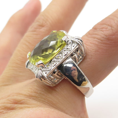 925 Sterling Silver SVI Real Cushion-Cut Lemon Citrine Statement Ring Size 6