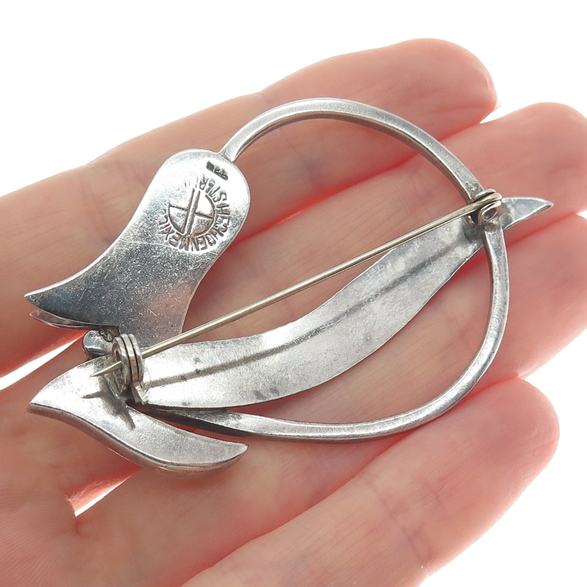 925 Sterling Silver Vintage Mexico Tulip Flower Modernist Oxidized Pin Brooch