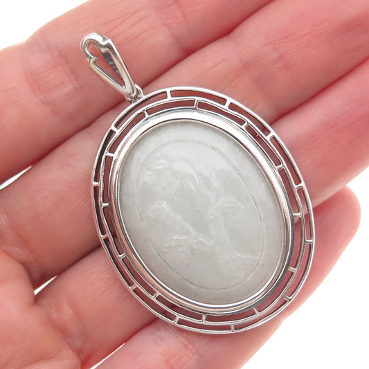 Michelle Albala 925 Sterling Silver Vintage Real Carved Jade Bamboo Pendant