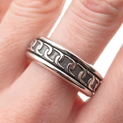 925 Sterling Silver Vintage Chain Link Oxidized Rotating Band Ring Size 11