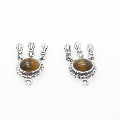 925 Sterling Silver Vintage Real Tiger Eye Modernist Dangle Jacket Earrings