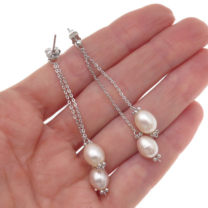 925 Sterling Silver Vintage Real Pearl Chain Drop Dangle Earrings